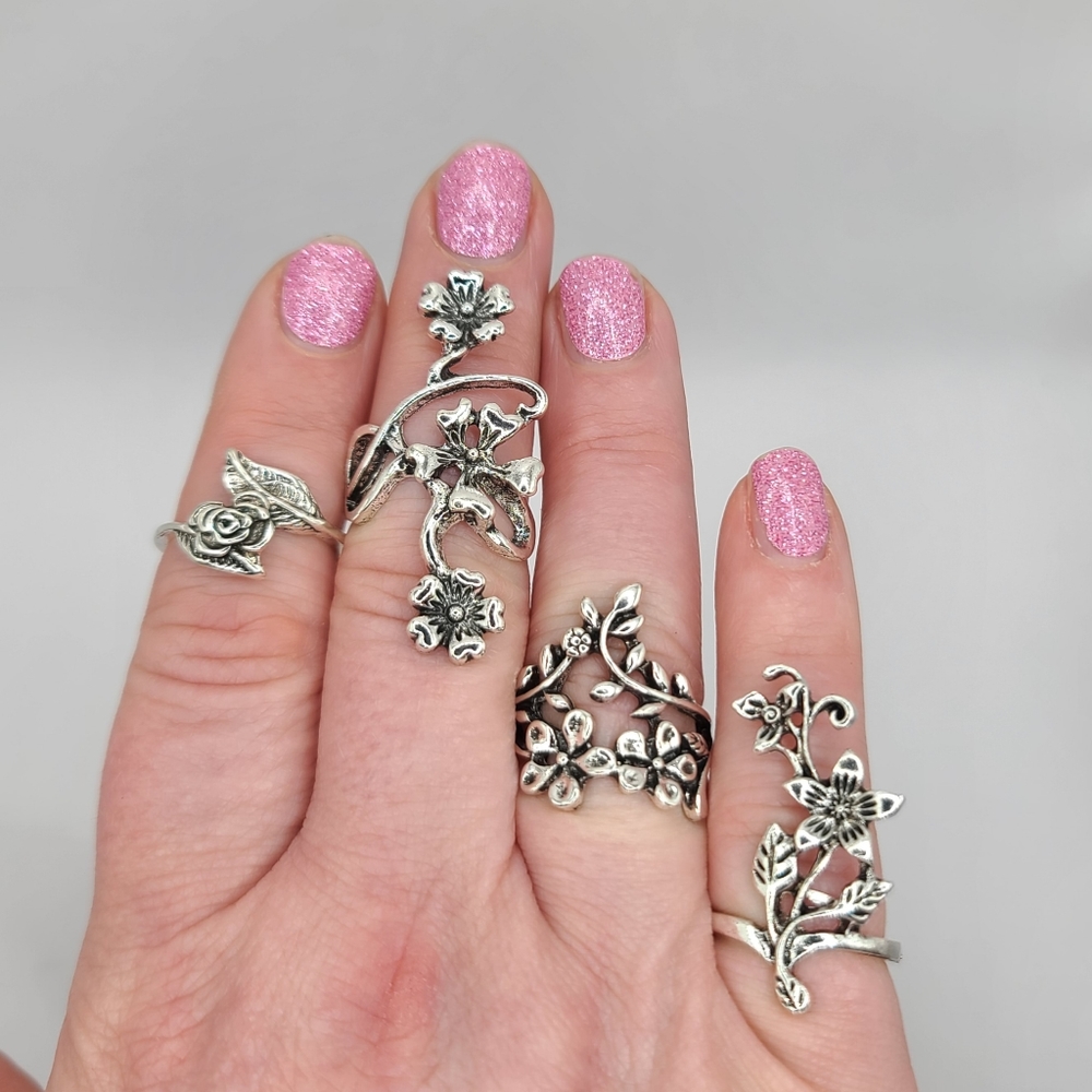 Flower  Antiqued Silver Tone Ring Set of 4 Vintage Style Statement Ring | 4 pcs